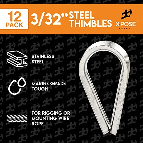 12 Pk Stainless Steel Thimbles for Wire Rope - 3/32 Inch - Marine Rigging, Sailing, Boat Anchor, Fishing, Railing, DIY, Hobby, Commercial, Industrial Applications - by Xpose Safety
