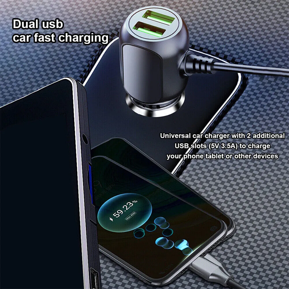 2 in 1 Dash Cam Car Charger | Double USB 5V3.5A QC3.0 Fast | 3.5M Cable