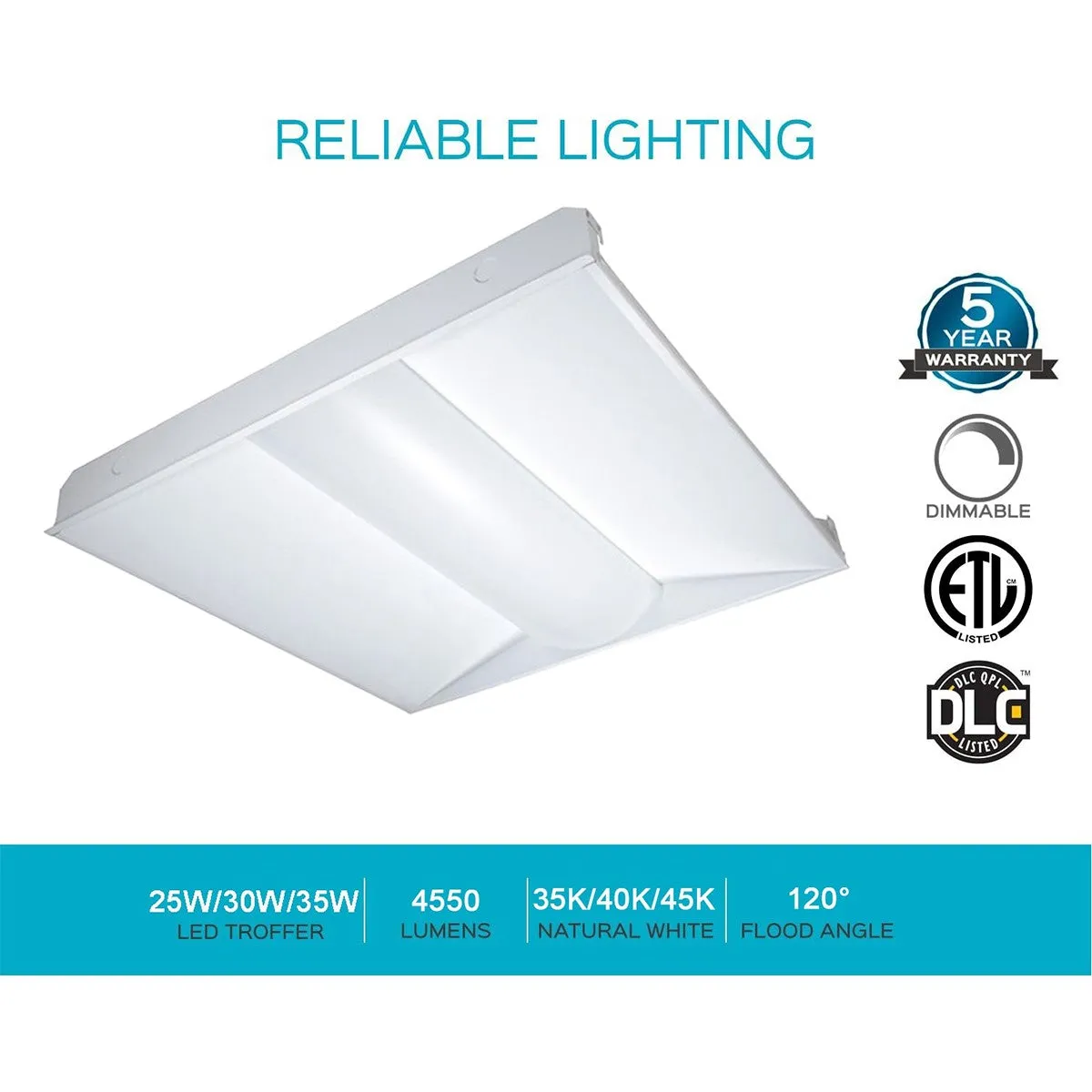 2x2 LED Troffer Light, 4400 Lumens, 20/40 Watts, 30K/35K/40K/50K, Center Basket, 120/277V