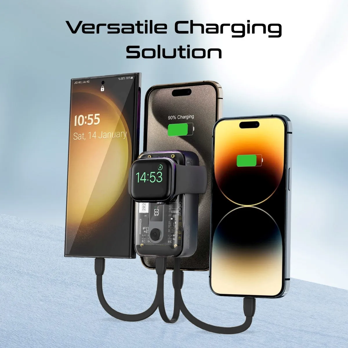 35W Transparent Smartphone and Apple Watch Charging Power Bank with USB-C & Lightning Cable