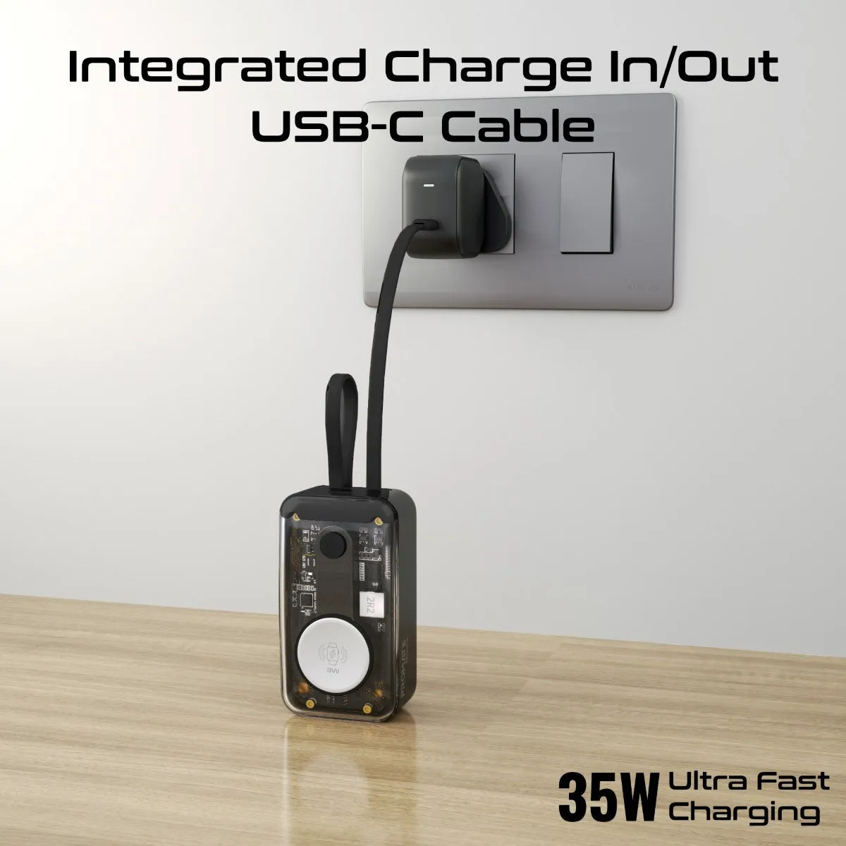 35W Transparent Smartphone and Apple Watch Charging Power Bank with USB-C & Lightning Cable