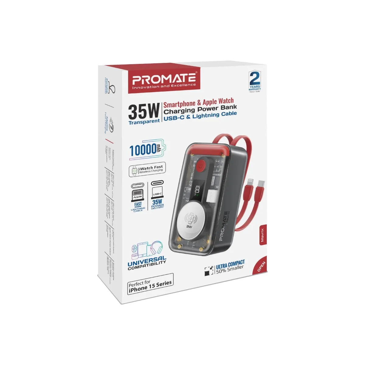 35W Transparent Smartphone and Apple Watch Charging Power Bank with USB-C & Lightning Cable