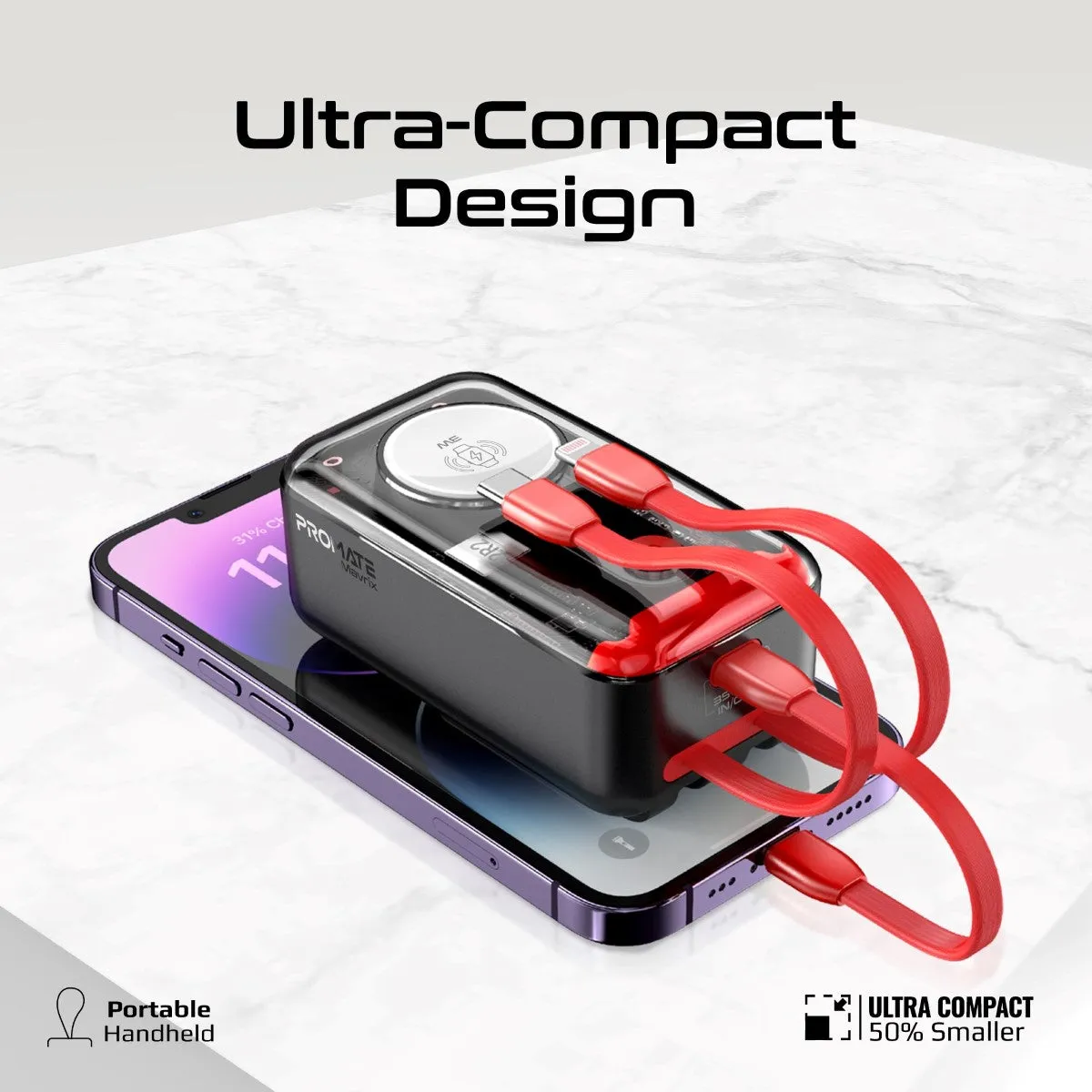35W Transparent Smartphone and Apple Watch Charging Power Bank with USB-C & Lightning Cable