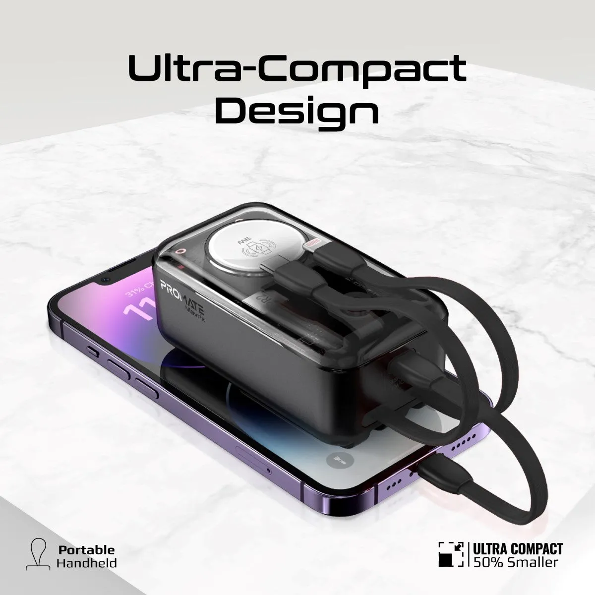 35W Transparent Smartphone and Apple Watch Charging Power Bank with USB-C & Lightning Cable