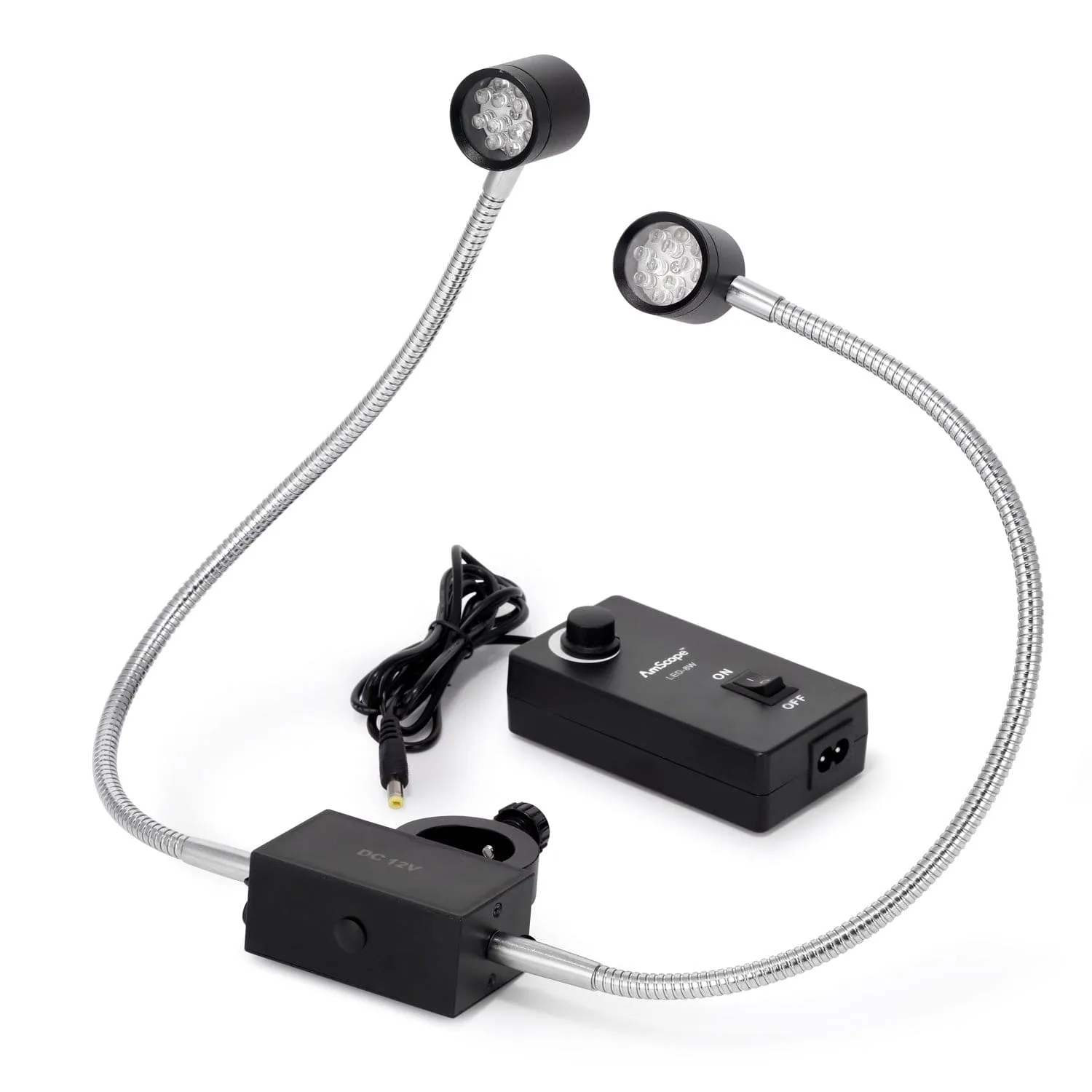 AmScope 8W LED Pillar Clamp Dual Gooseneck Illuminator for Stereo Microscopes