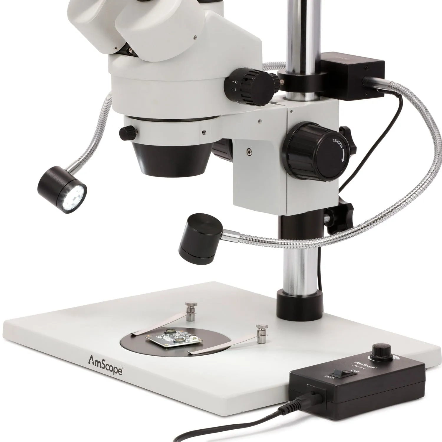 AmScope 8W LED Pillar Clamp Dual Gooseneck Illuminator for Stereo Microscopes