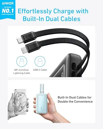 Anker Zolo Power Bank, 10,000mAh 30W Max Fast Portable Charger with Built-in USB-C and MFi Certified Lightning Cables, 1 USB-C, 1 USB-A, Battery Pack for iPhone 15/14 Series, MacBook, Galaxy (Black)
