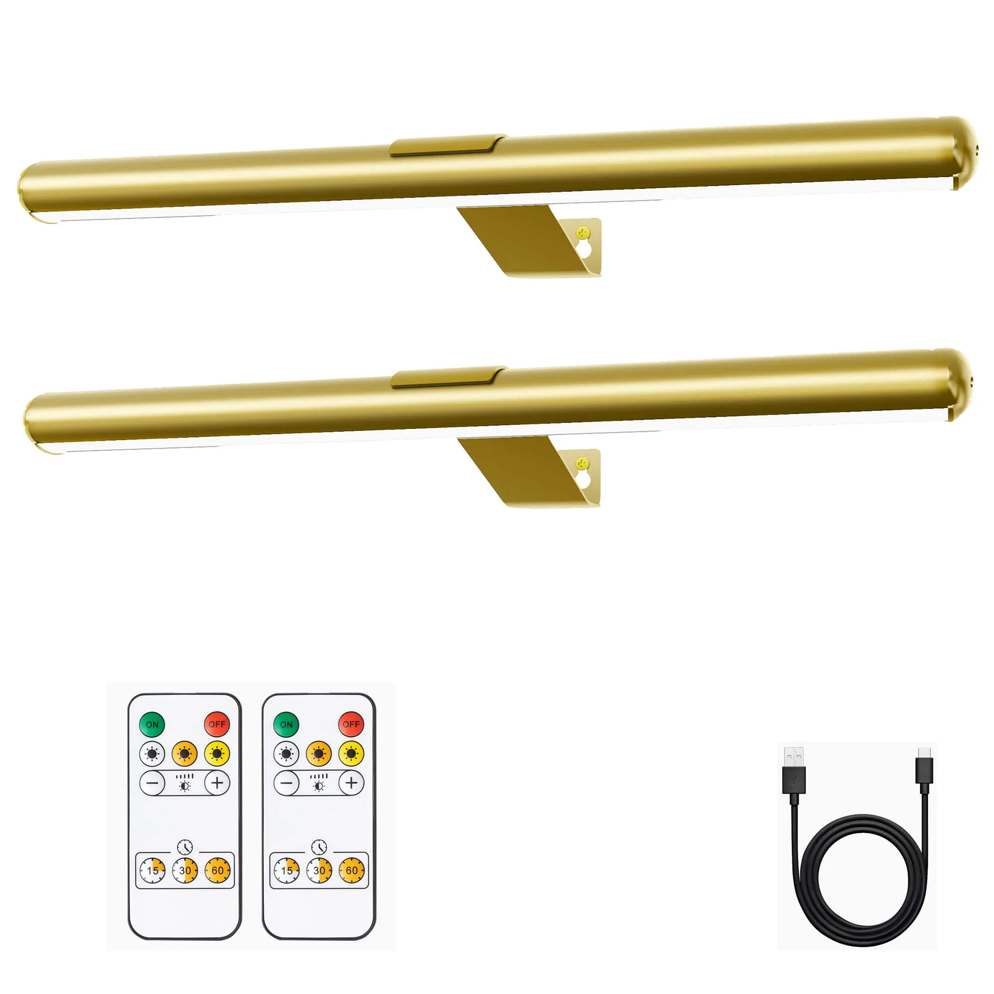 Battery Picture Lights 16.5inch-2PACK ,Wireless Rechargeable Painting Light for Art with Remote,Full Metal Led Picture Lights Dimmable Wall Light for Portraits,Dartboard,Gallery-Gold with Patent