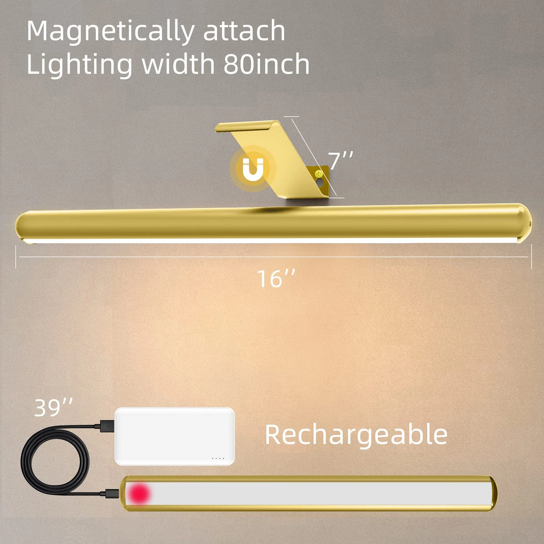 Battery Picture Lights 16.5inch-2PACK ,Wireless Rechargeable Painting Light for Art with Remote,Full Metal Led Picture Lights Dimmable Wall Light for Portraits,Dartboard,Gallery-Gold with Patent