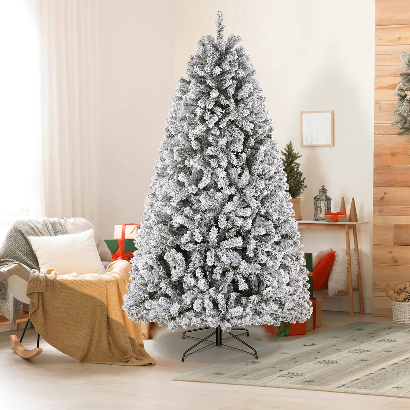 essential 6FT Pre-Lit Artificial Christmas Tree for Home, Office, Snow Flocked Christmas Pine Tree, Party Decoration w/ 250 Warm LED Lights, 640 Branch Tips, Metal Hinges & Foldable Base White Snow Flocked