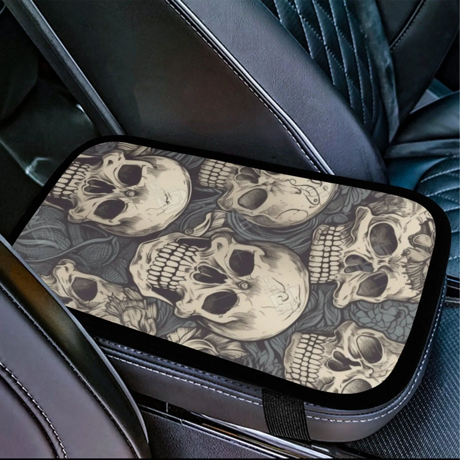 Gray Gothic Skulls Pattern Auto Console Cover Car Armrest Cover