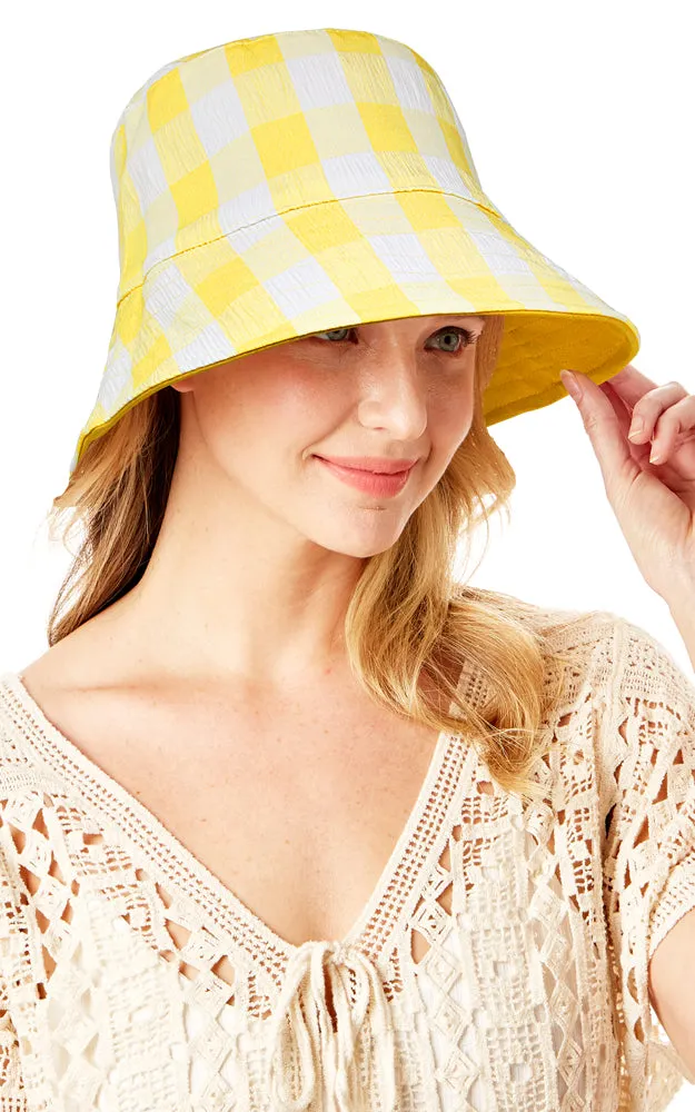 LOH192 Plaid & Solid Reversible Wired Brim Bucket Hat