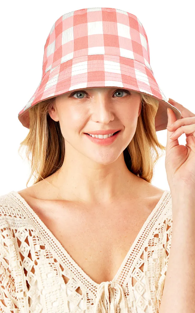 LOH192 Plaid & Solid Reversible Wired Brim Bucket Hat