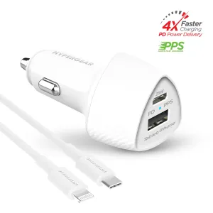 SpeedBoost 25W USB-C PD   12W USB Fast Car Charger with PPS | Includes 4ft MFi Lightning Cable | White