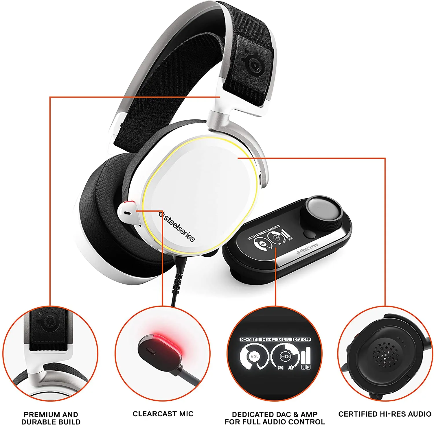 SteelSeries Headset Arctis Pro   GameDAC Wired Gaming Headset - Certified Hi-Res Audio - Dedicated DAC and Amp - for PS5/PS4 and PC - White