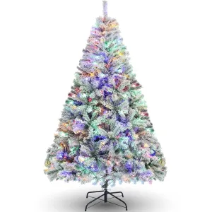 valiant 6FT Pre-Lit Artificial Christmas Tree for Home, Office, Snow Flocked Christmas Pine Tree, Party Decoration w/ 250 Warm LED Lights, 640 Branch Tips, Metal Hinges & Foldable Base Green Pre-Lit Flocked