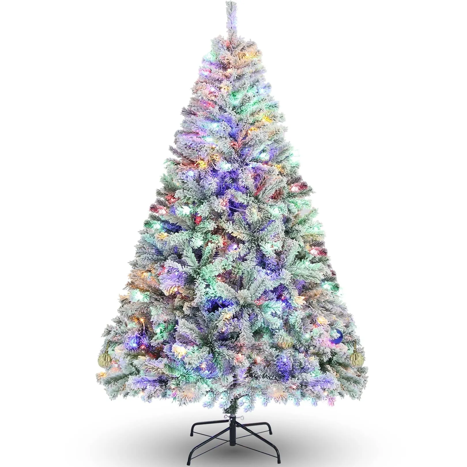 valiant 6FT Pre-Lit Artificial Christmas Tree for Home, Office, Snow Flocked Christmas Pine Tree, Party Decoration w/ 250 Warm LED Lights, 640 Branch Tips, Metal Hinges & Foldable Base Green Pre-Lit Flocked