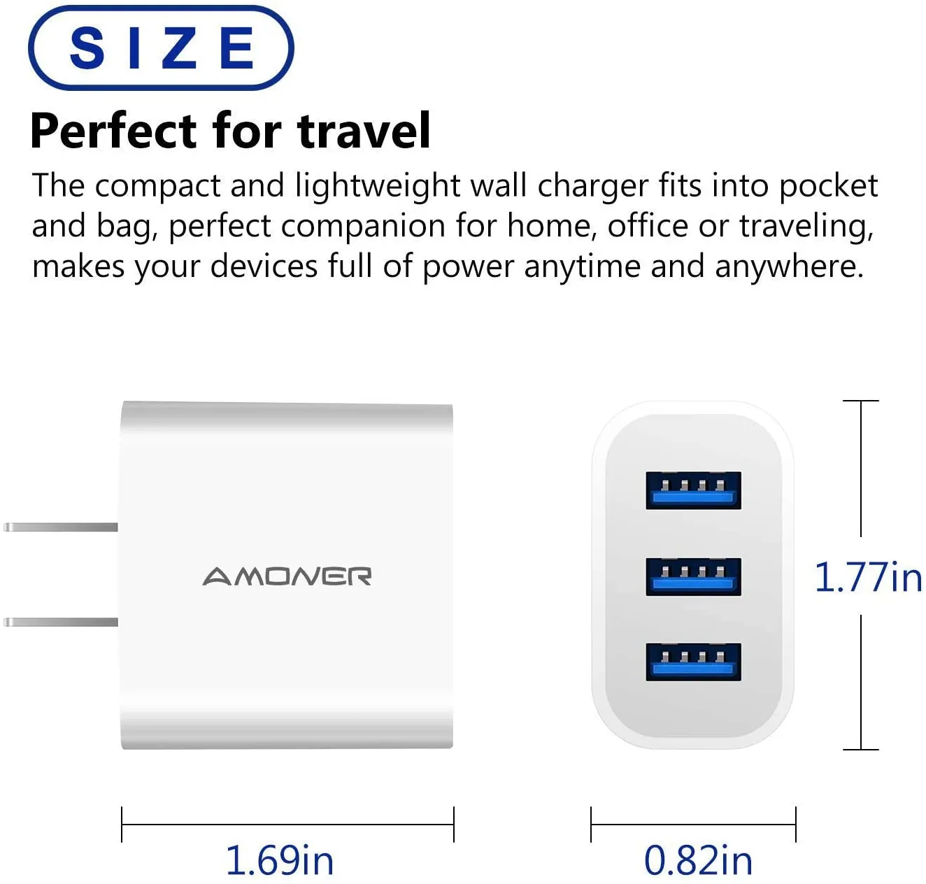 Wall Charger, Amoner Upgraded 2Pack 15W 3-Port USB Plug Cube Portable