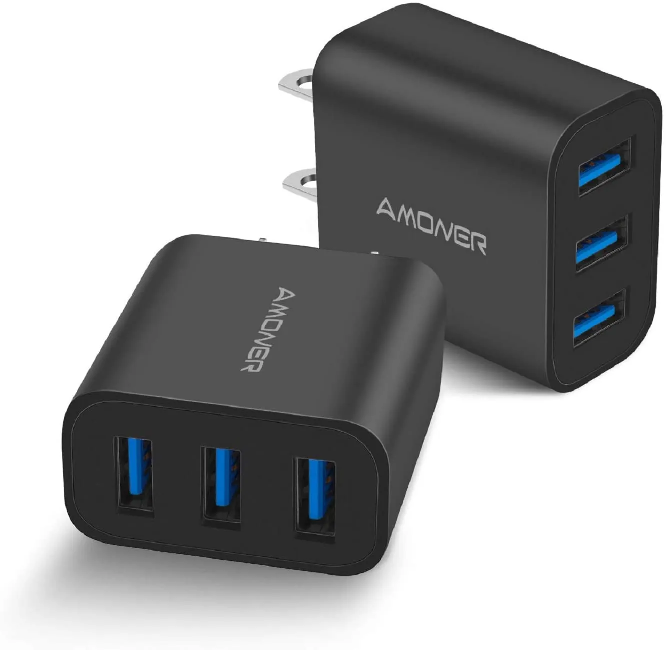 Wall Charger, Amoner Upgraded 2Pack 15W 3-Port USB Plug Cube Portable