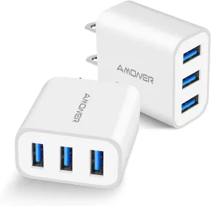 Wall Charger, Amoner Upgraded 2Pack 15W 3-Port USB Plug Cube Portable