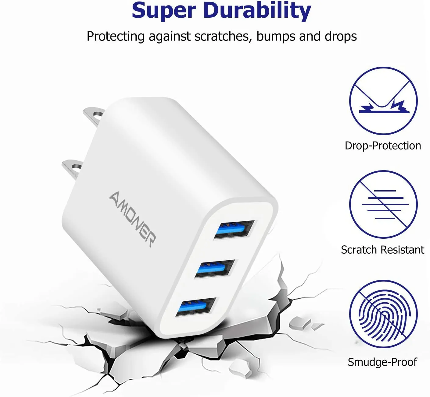 Wall Charger, Amoner Upgraded 2Pack 15W 3-Port USB Plug Cube Portable