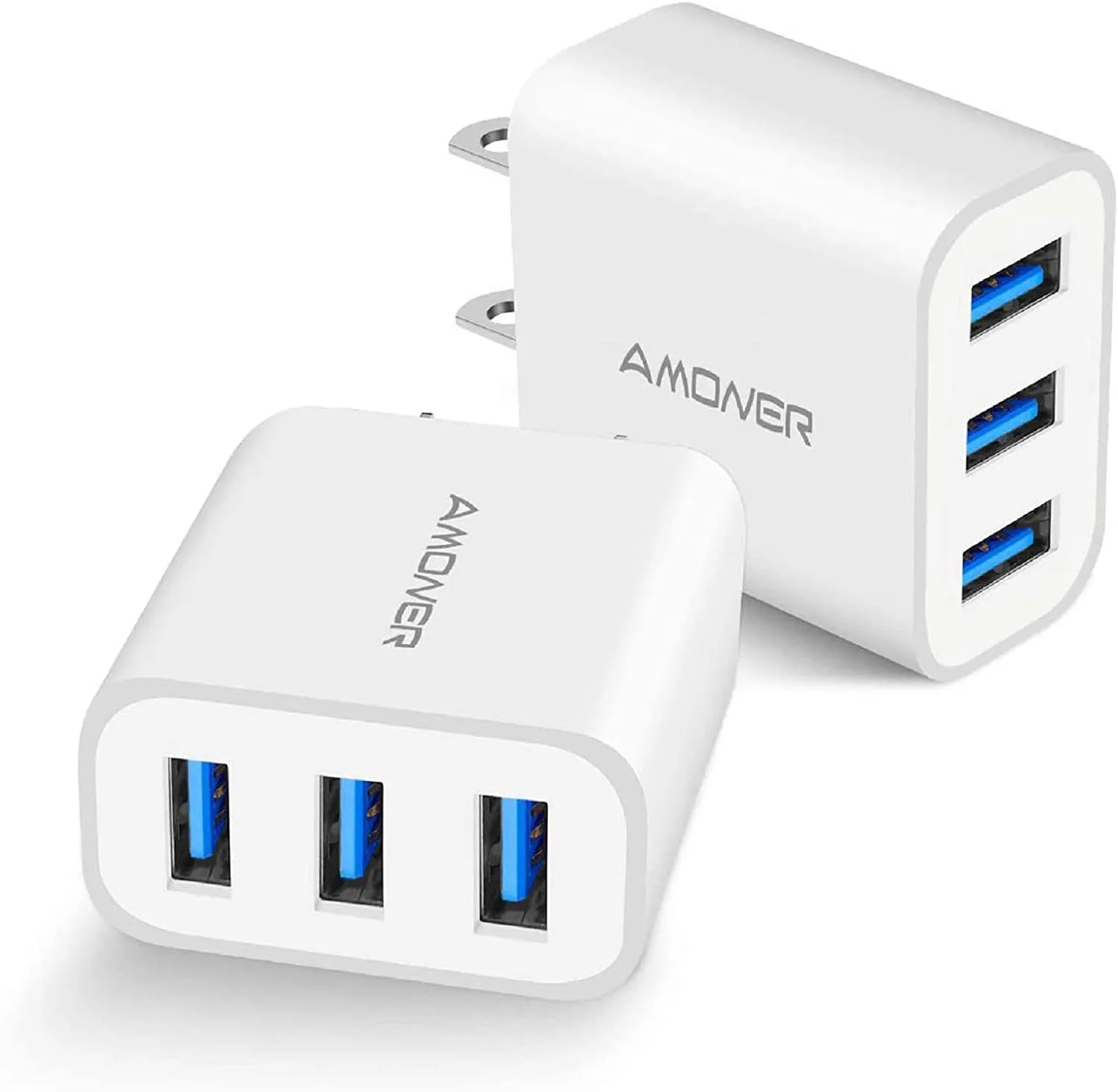 Wall Charger, Amoner Upgraded 2Pack 15W 3-Port USB Plug Cube Portable